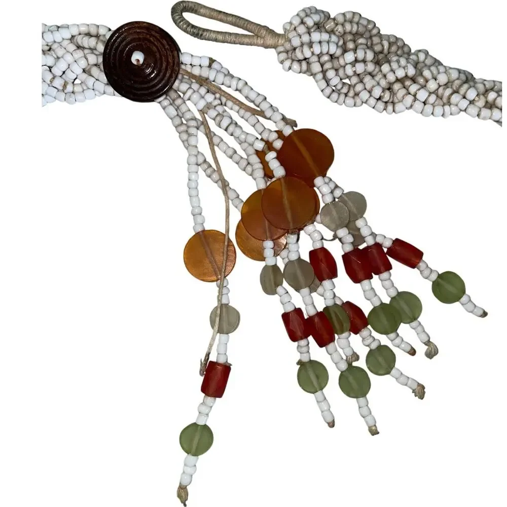 Anthropologie Braided Woven Beaded Belt with Wood Discs & Tassel Fringe